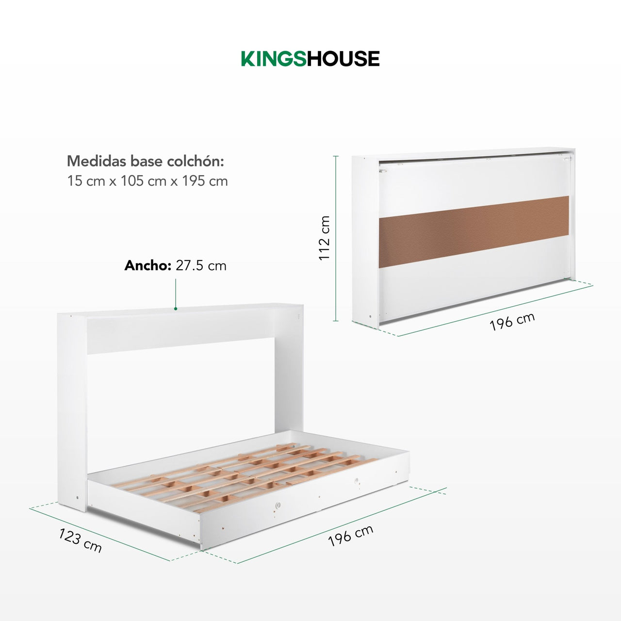 Base Cama Individual Abatible Blanca KingsHouse Desmontable