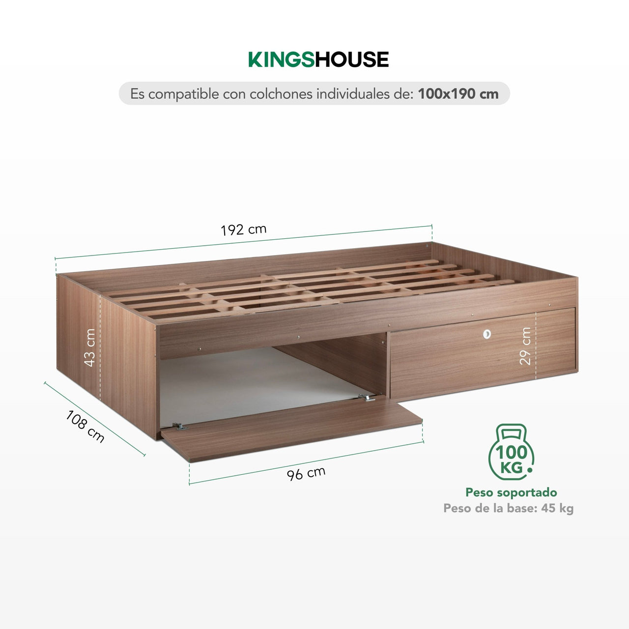 Base Cama Individual Con Cajones KingsHouse Recamara