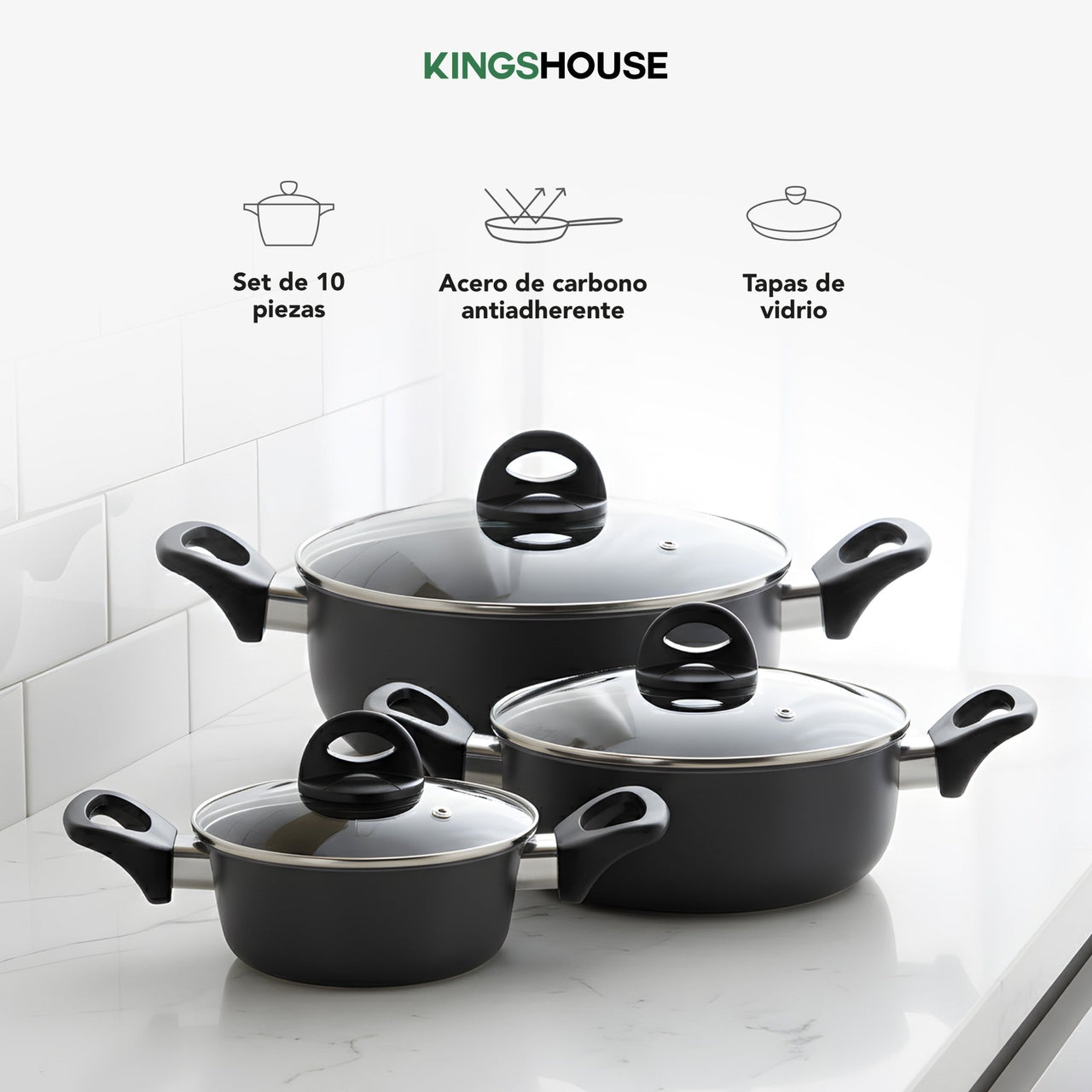 Batería de 5 Cacerolas de Acero de Carbono Antiadherente