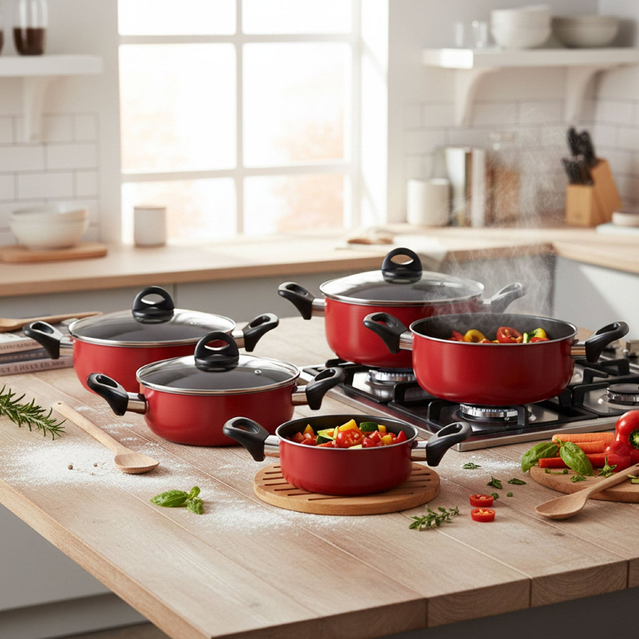 Batería de 5 Cacerolas de Acero de Carbono Antiadherente