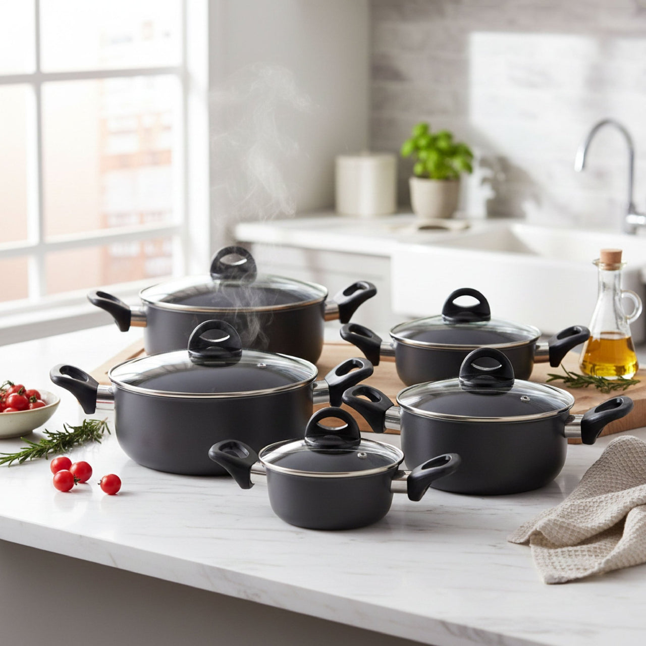 Batería de 5 Cacerolas de Acero de Carbono Antiadherente