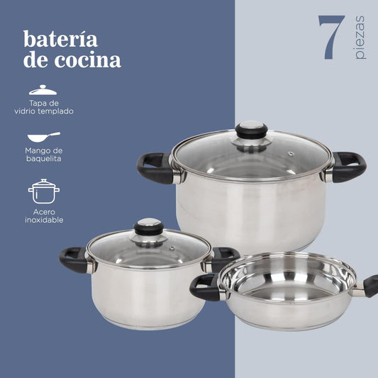 Batería de Cocina 7 Piezas Acero Inoxidable TricapaCOOKTRI7-NEG