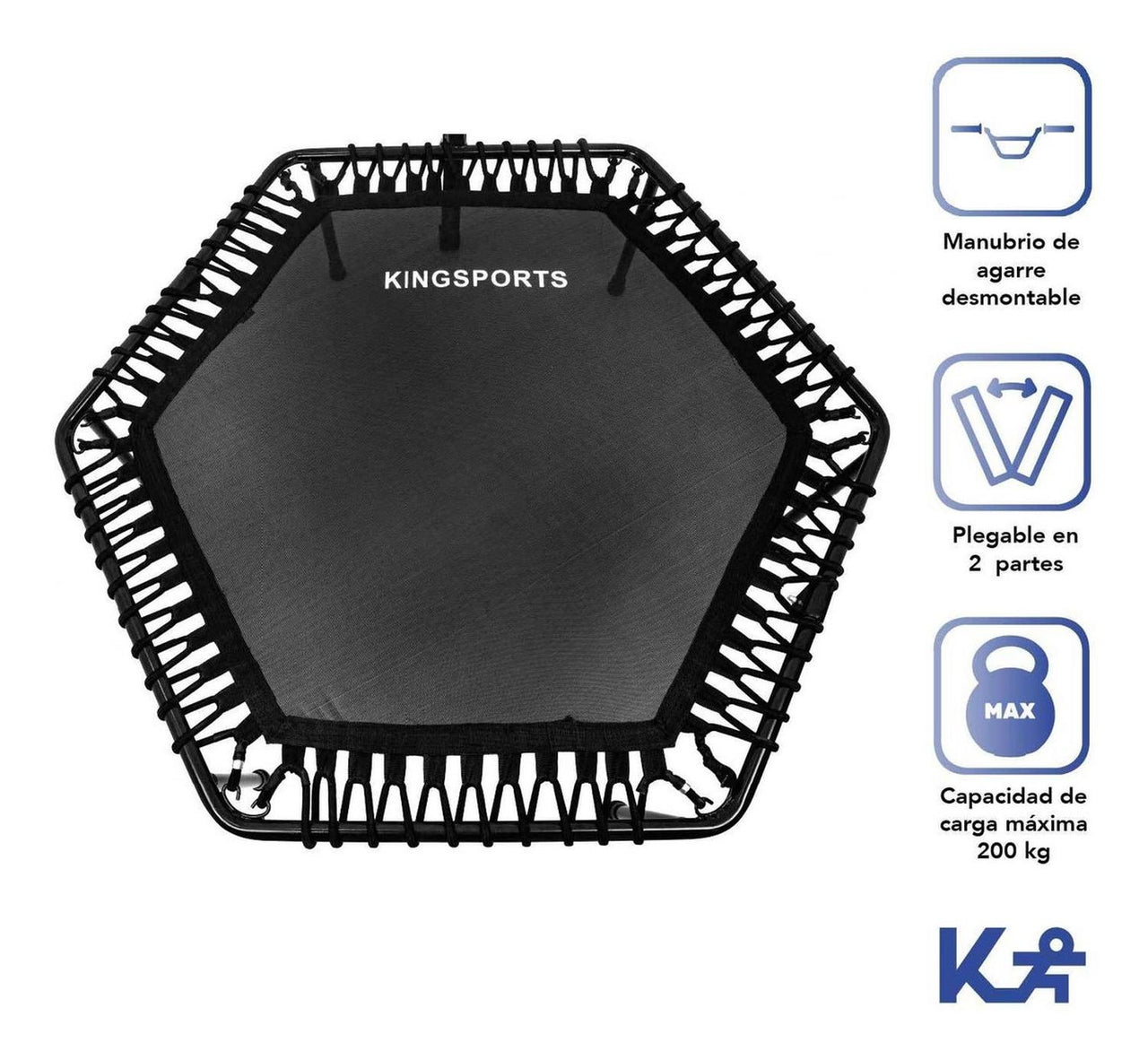 Trampolín 50” Hexagonal Plegable en 2 C/Soporte Ajustable Cap. 200 Kg C/6 Ligas color negro Kingsports