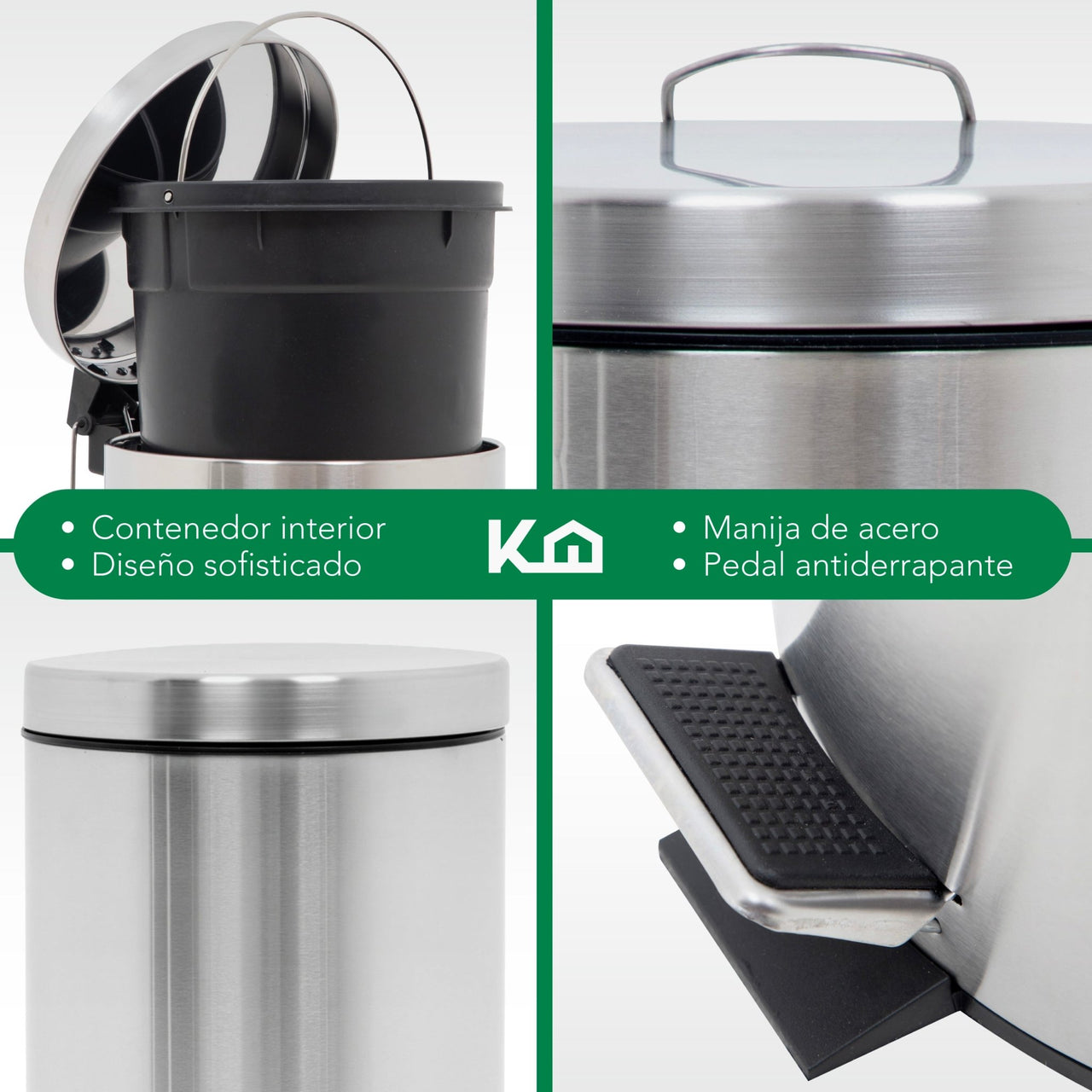 Bote de Basura Metalico Acero Inox Con Pedal Cocina 12L