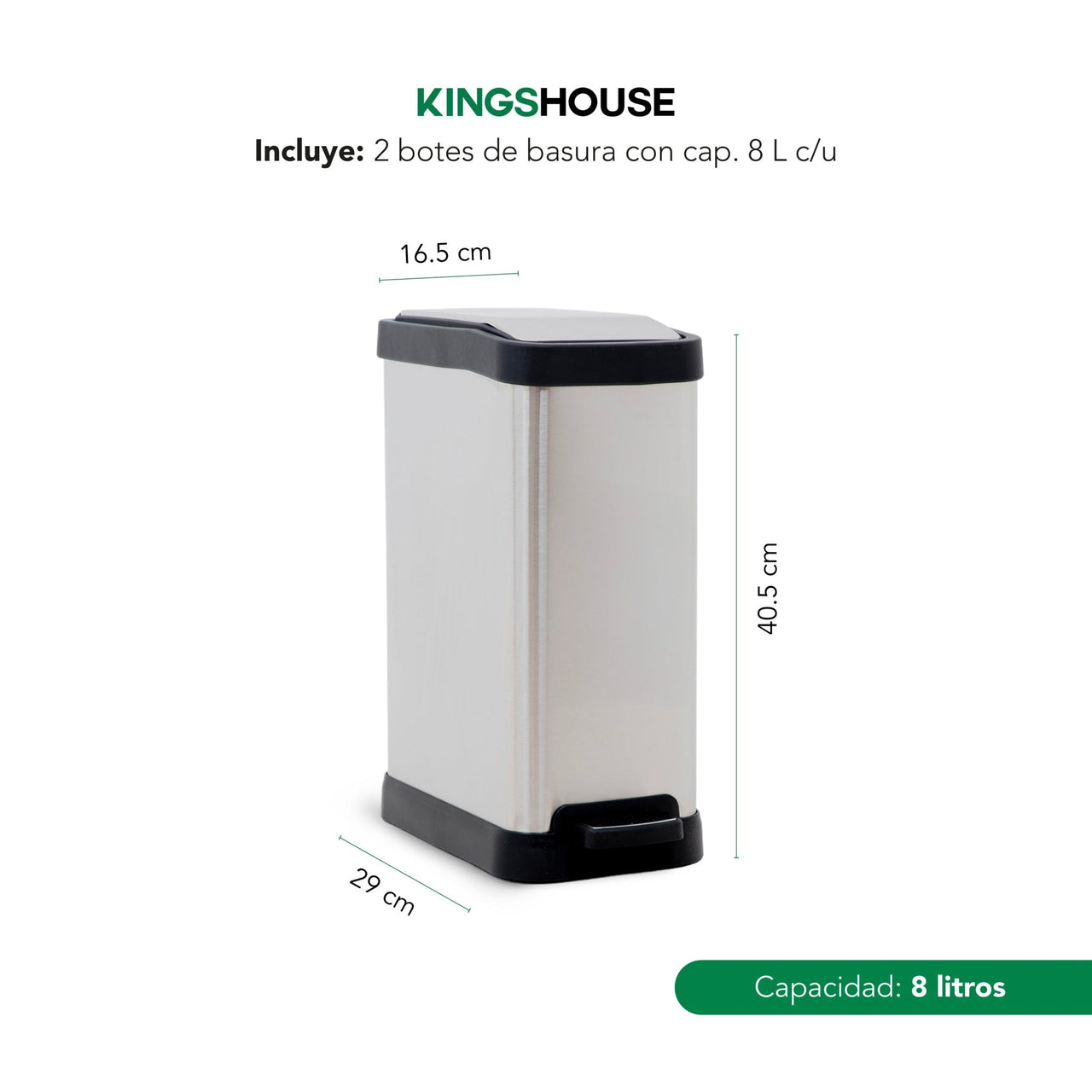 Botes Basura Pedal Acero Inoxidable Cocina Baño 8L 2Pzs