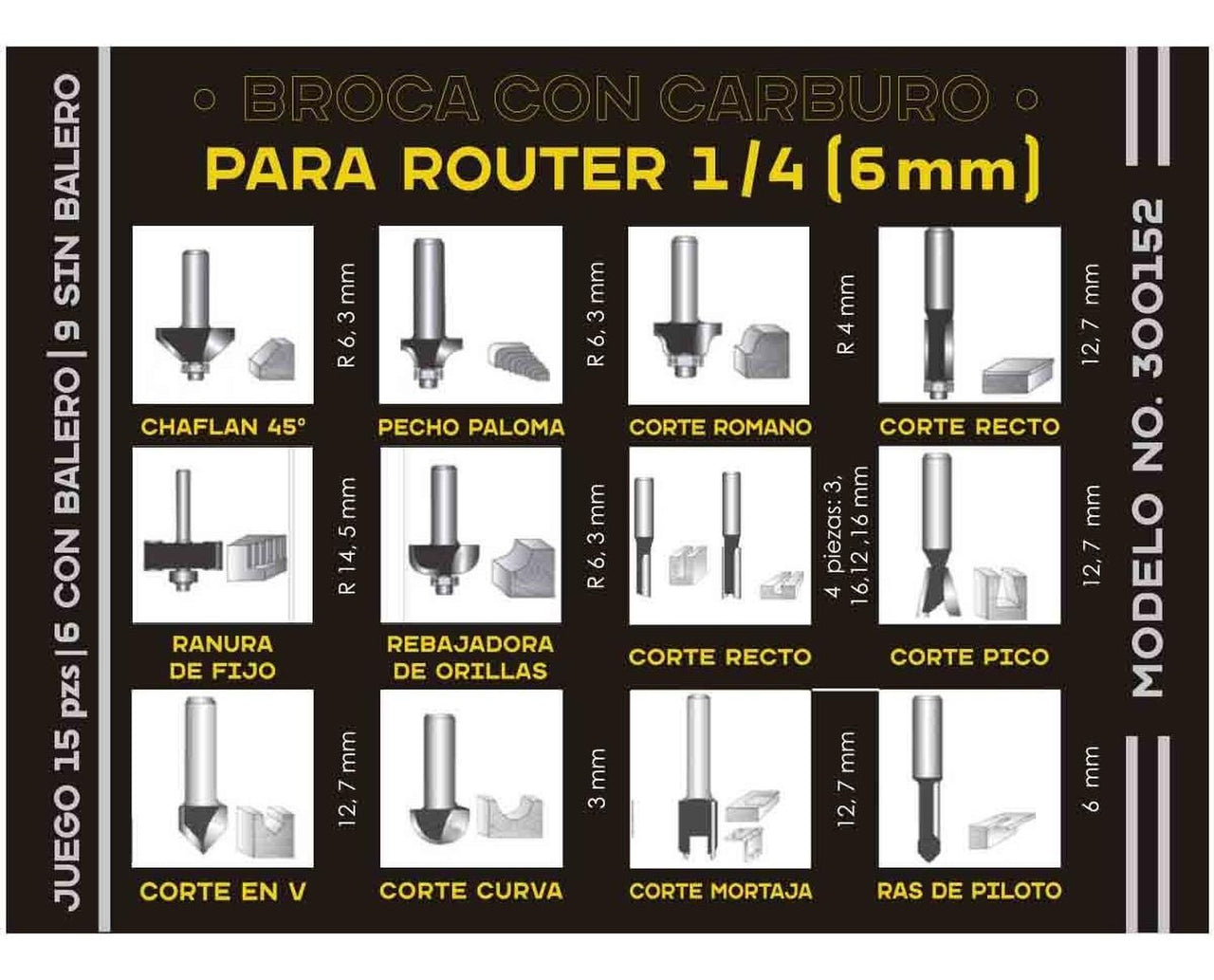 Brocas Fresas 1/4 Carburo 6,35mm Router Rebajadora Kit 15pzs