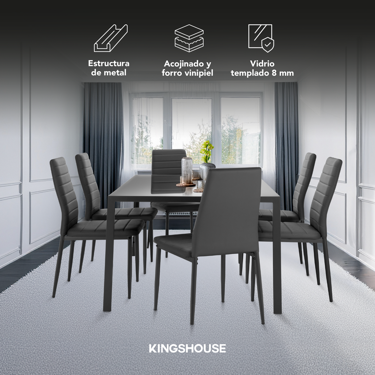 Juego De Comedor 6 Sillas y Mesa De Vidrio Templado Moderno