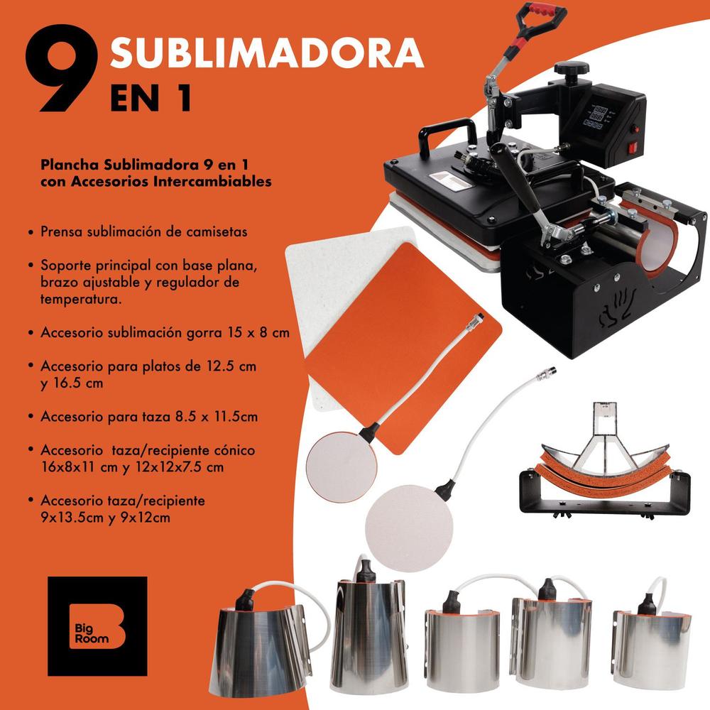 Plancha Sublimacion Combo 9 En 1 Prensa Trasferencia Calor Negro