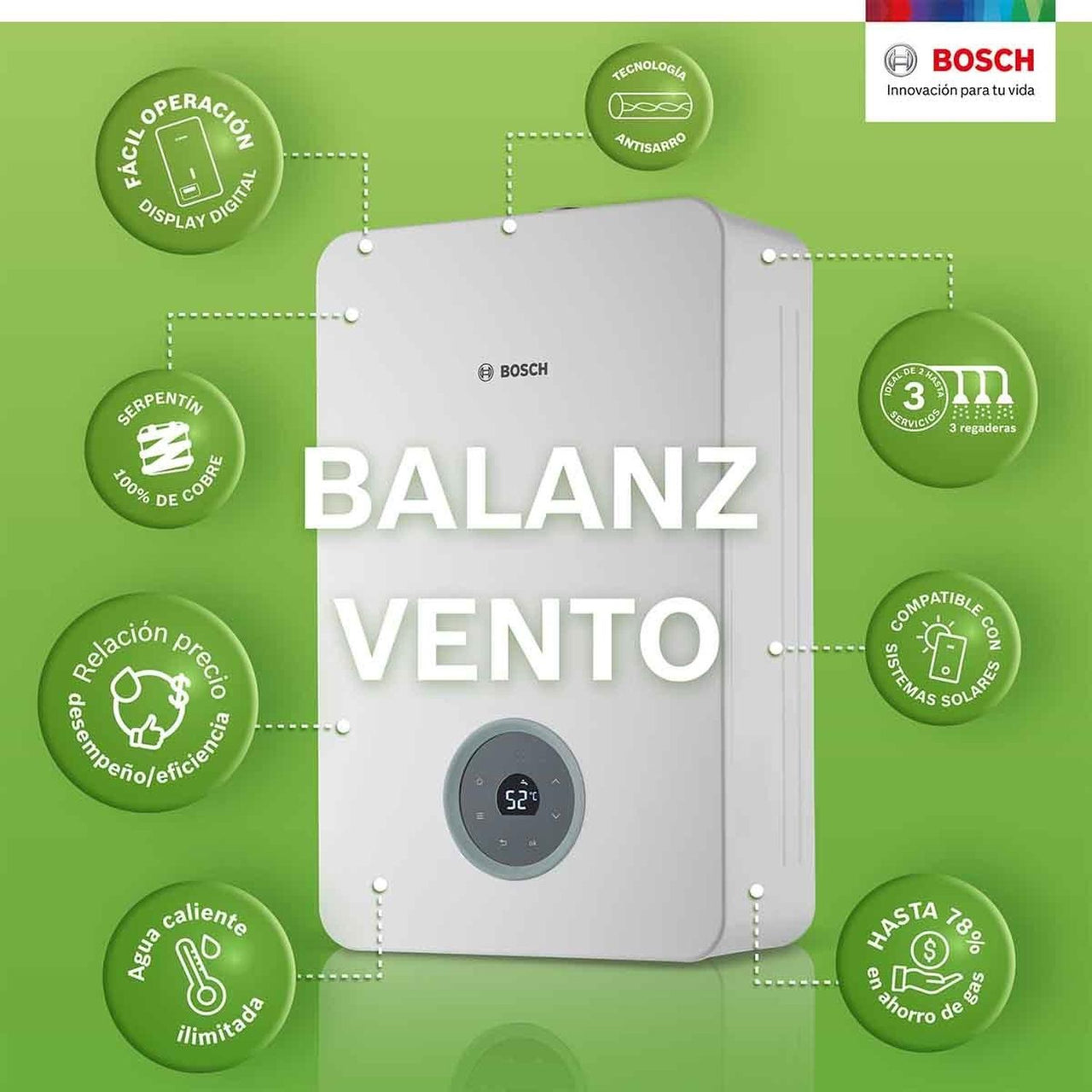 Calentador De Paso Para 3 Servicios Balanz Vento 17 GAS LP Bosch Calentadores