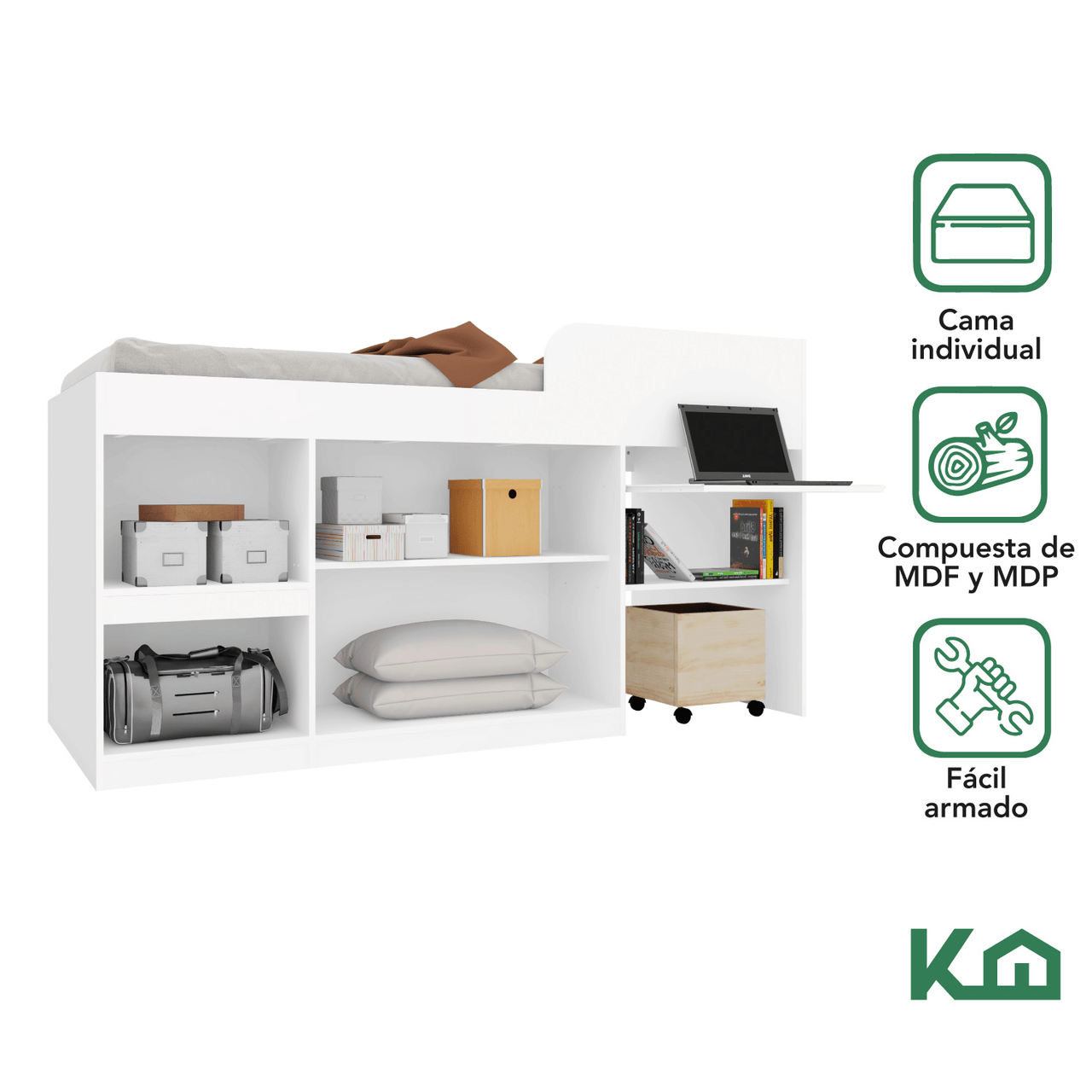 Cama Individual Escritorio Cajones Litera Base KingsHouse