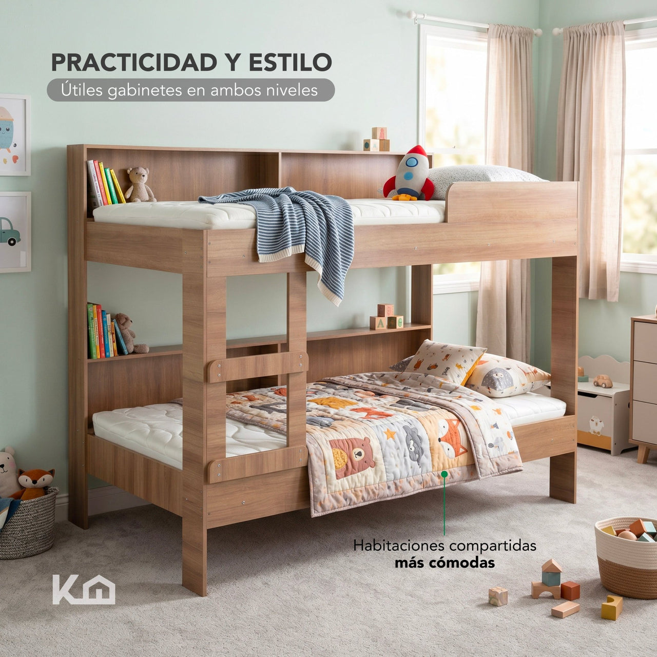Cama Litera Individual Con Estantes y Escalera De Madera