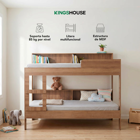 Cama Litera Individual Con Estantes y Escalera De MaderaBEDTW1-MAD