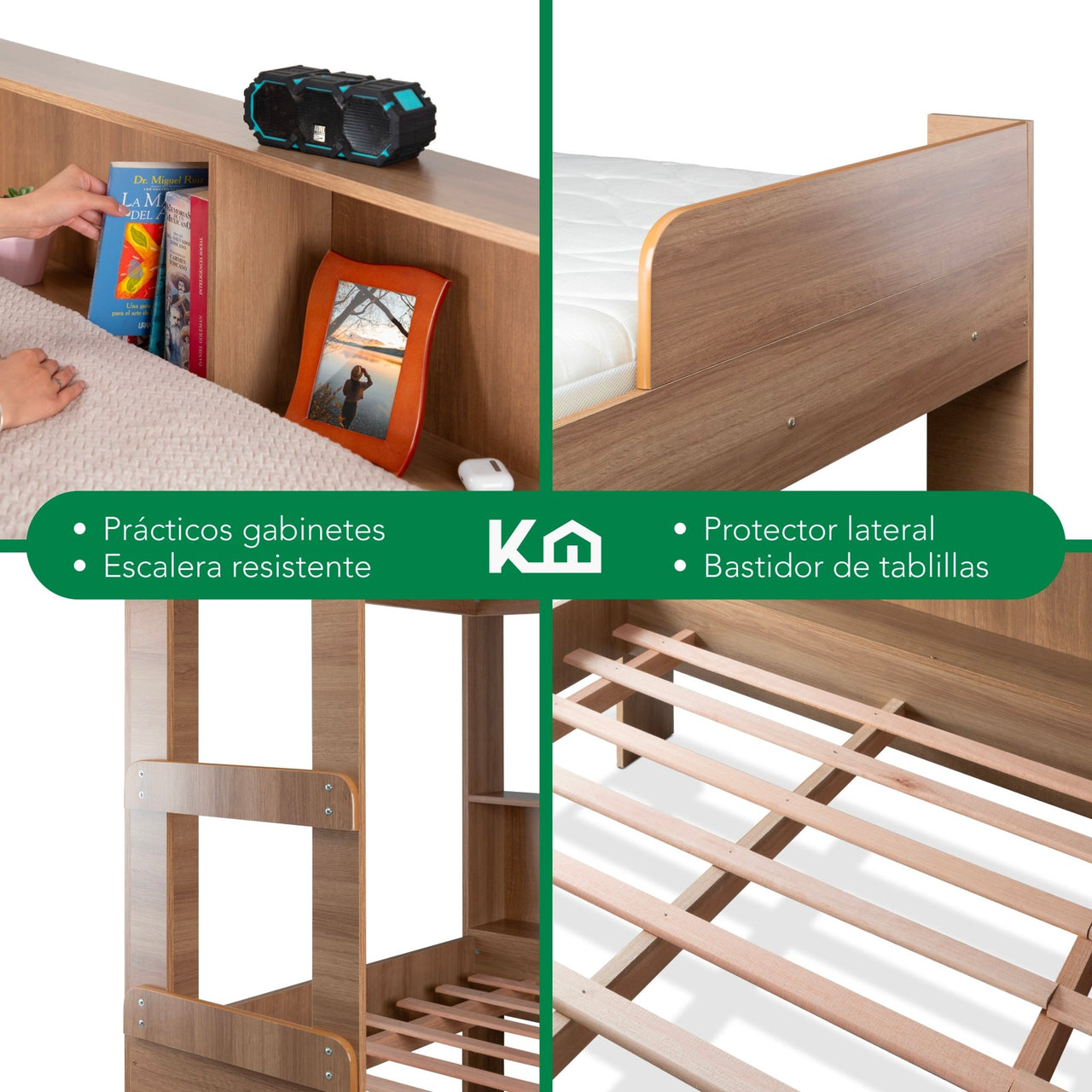 Cama Litera Individual Con Estantes y Escalera De Madera