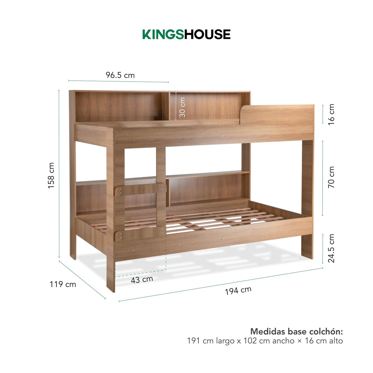 Cama Litera Individual Con Estantes y Escalera De Madera