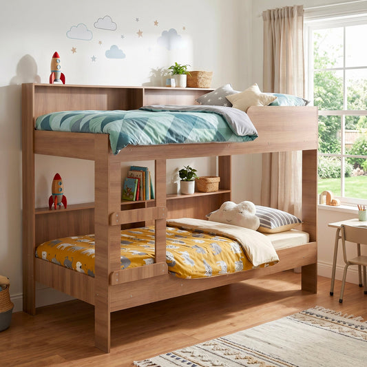 Cama Litera Individual Con Estantes y Escalera De MaderaBEDTW1-MAD