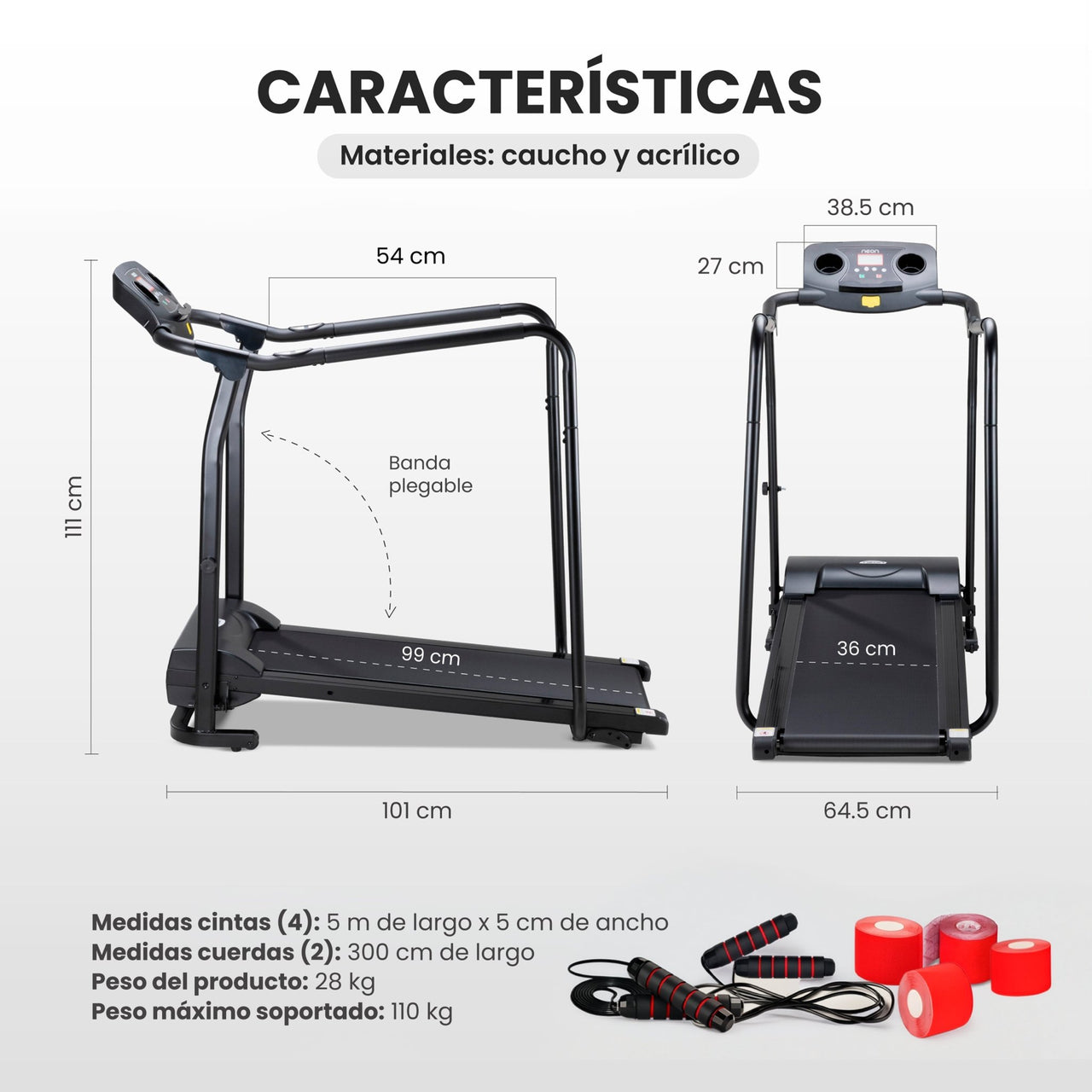 Caminadora 10 km/h + Cuerdas Saltar + Cintas Kinesiológicas