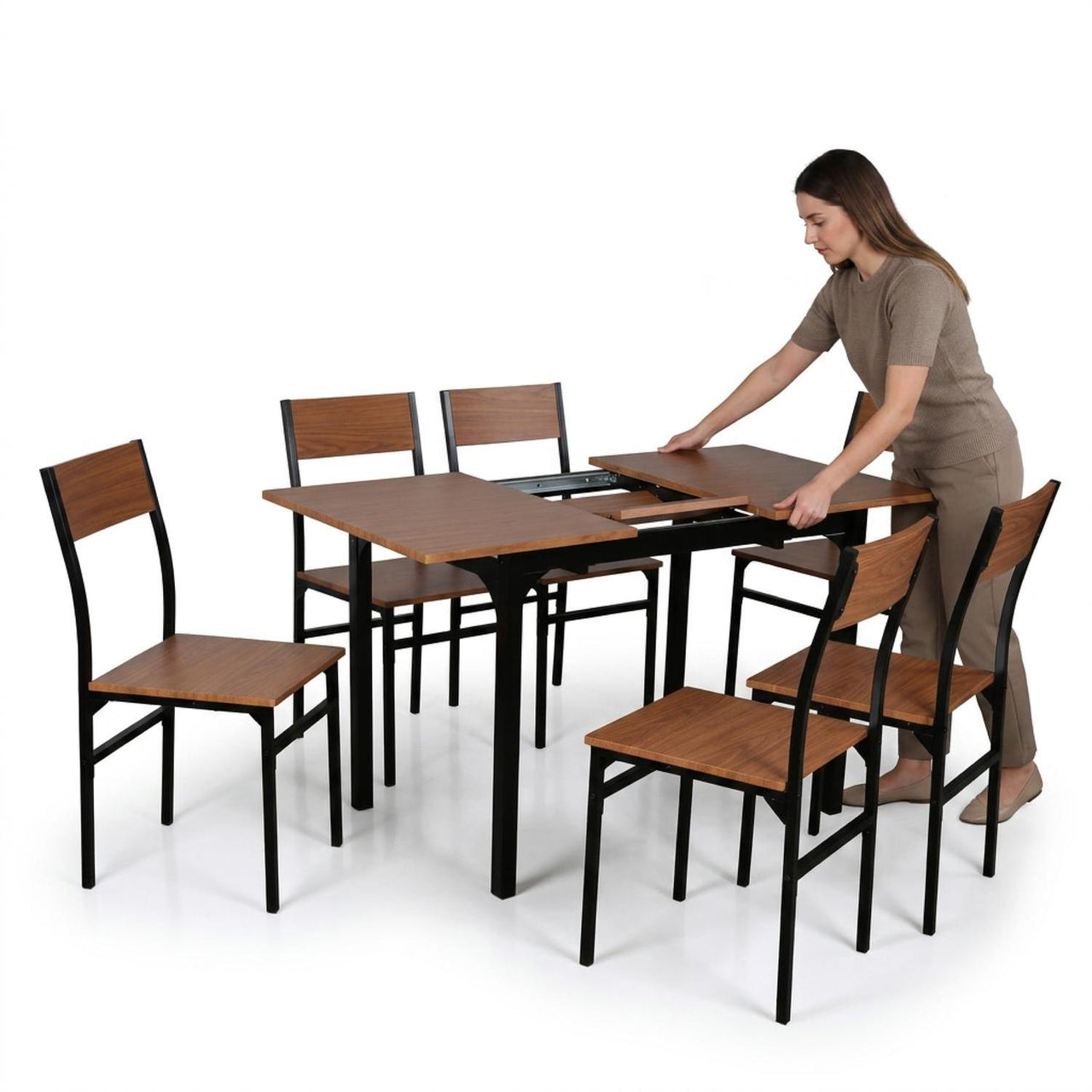 Comedor Mesa Extensible Rectangular 6 Sillas Madera y Metal