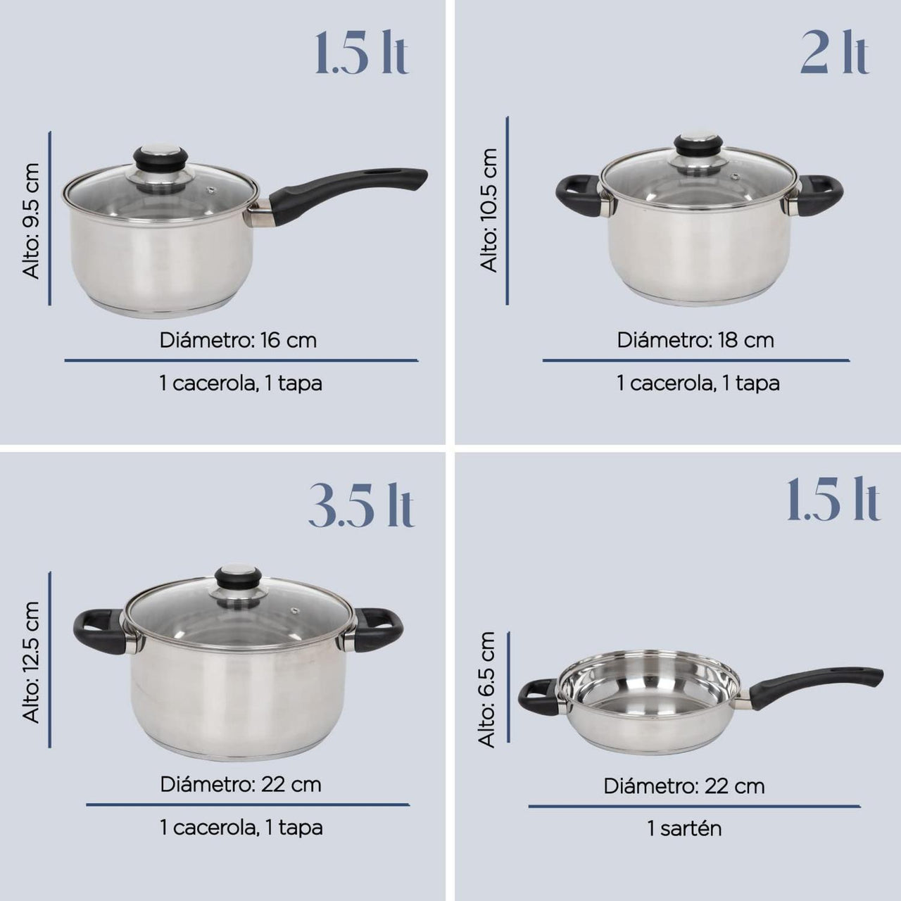 Batería de Cocina 7 Piezas Acero Inoxidable Tricapa