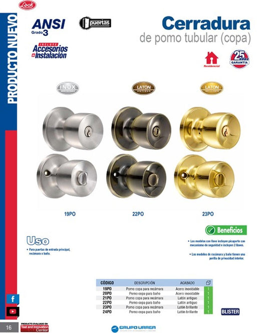 Cerradura Pomo Copa Para Baño Acero Inoxidable 20po Lock20PO-LCK