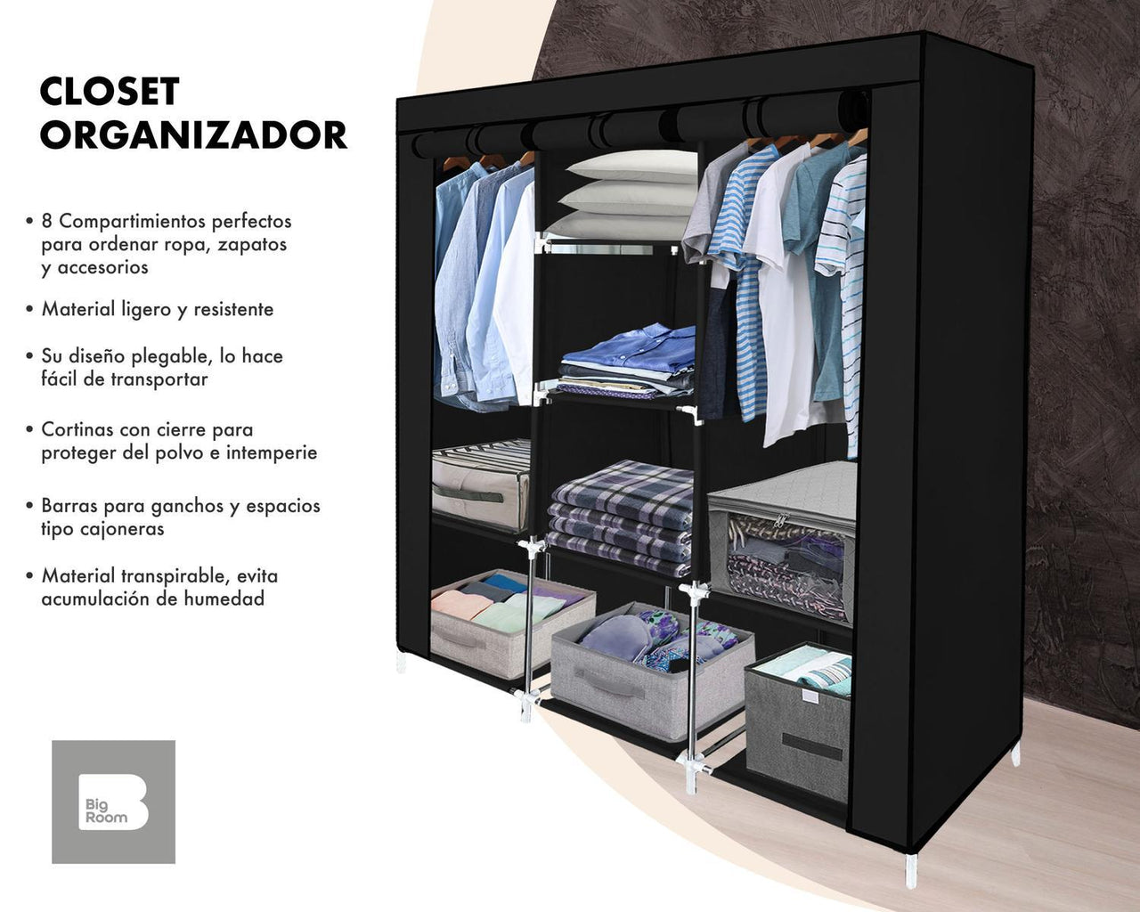 Closet Ropero Armable 3 Puertas Organizador Portatil