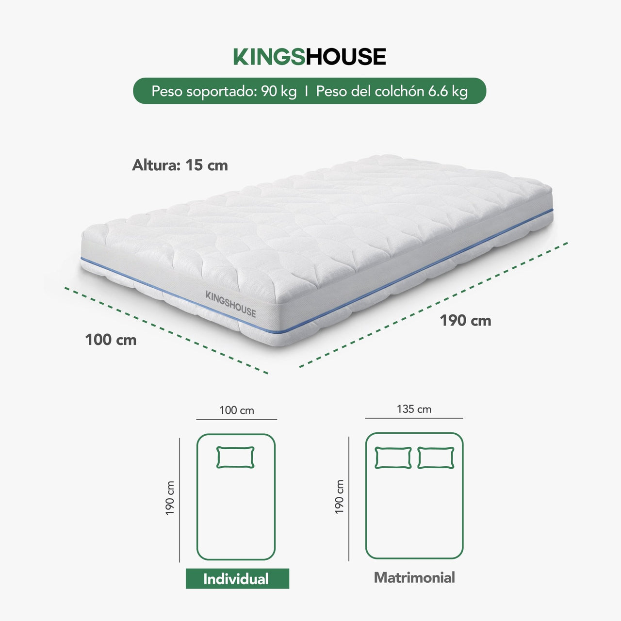 Colchón Individual Espuma Alta Densidad 15 cm Ergonómico