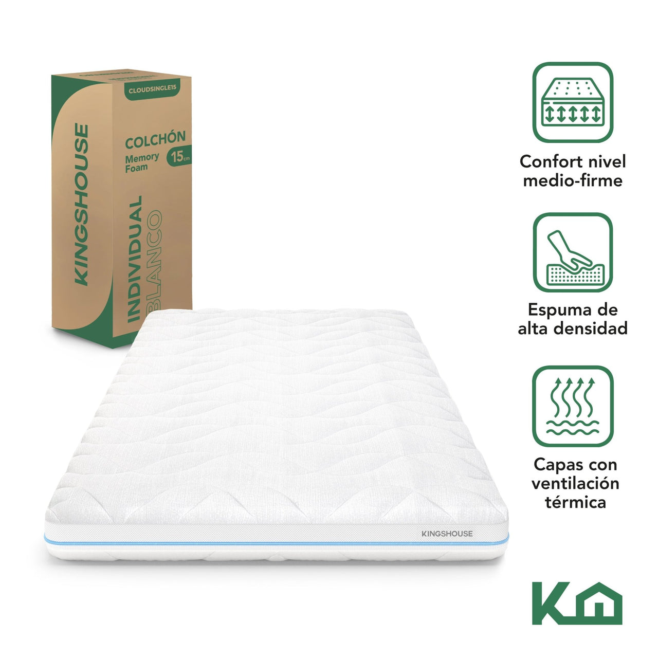 Colchón Individual Espuma Alta Densidad 15 cm Ergonómico