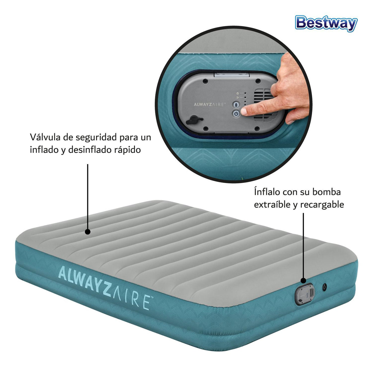 Colchon Inflable Queen Bomba Extraible Recargable Bestway