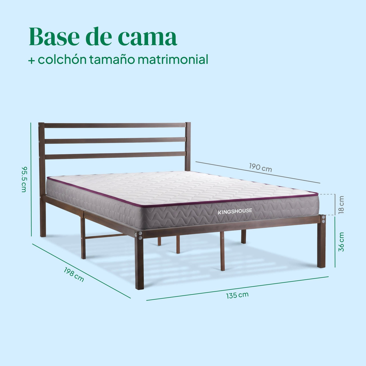 Combo Cama de Metal y Colchón Matrimonial Memory Foam