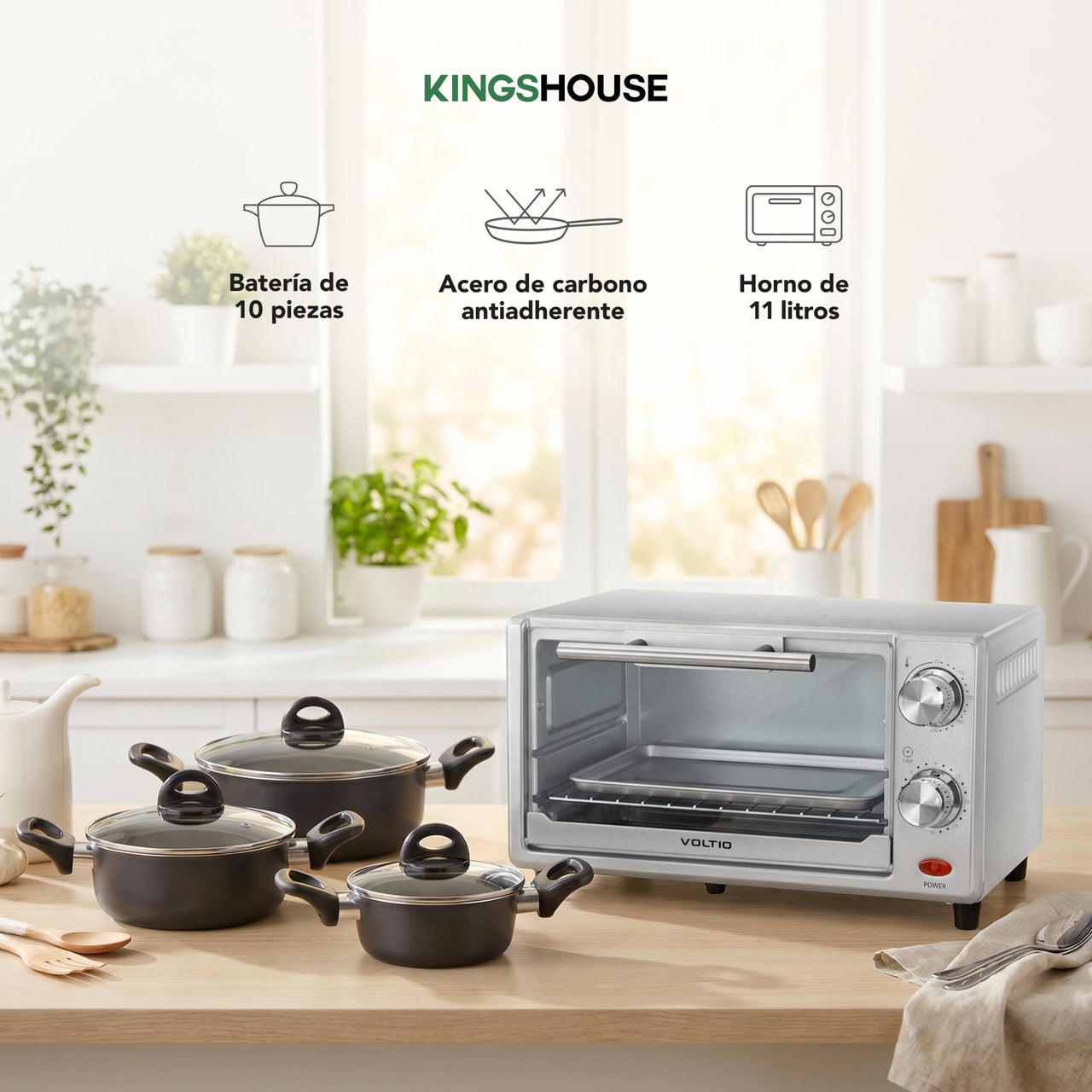 Combo de Batería de Cocina 10 Pzas + Horno Tostador 11L
