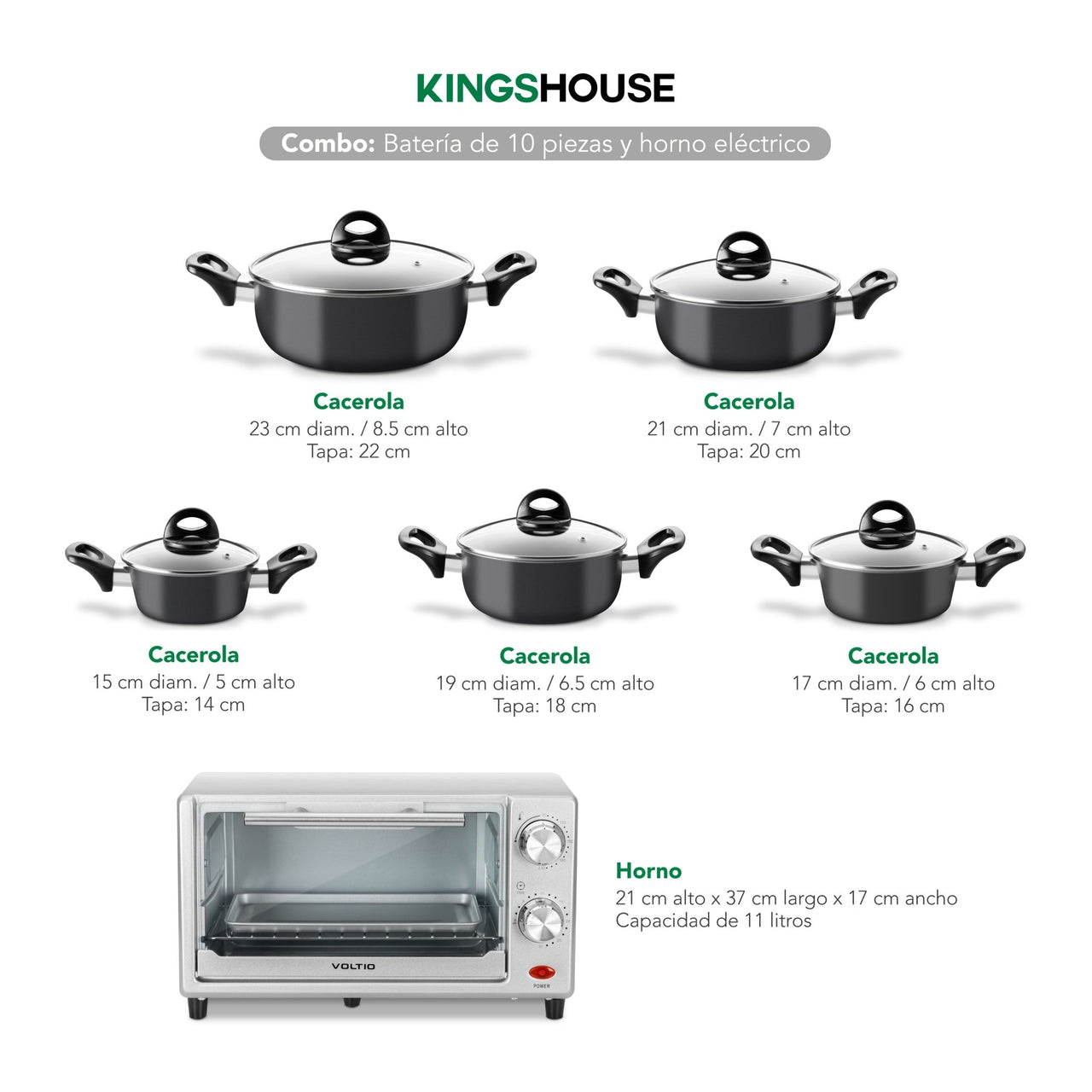 Combo de Batería de Cocina 10 Pzas + Horno Tostador 11L