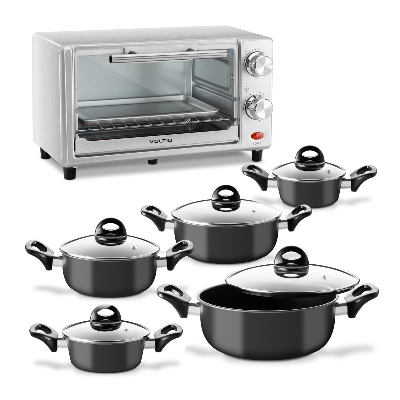 Combo de Batería de Cocina 10 Pzas + Horno Tostador 11L