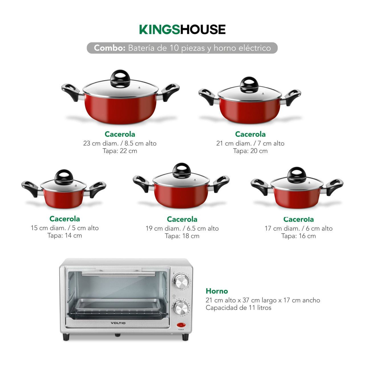 Combo de Batería de Cocina 10 Pzas + Horno Tostador 11L