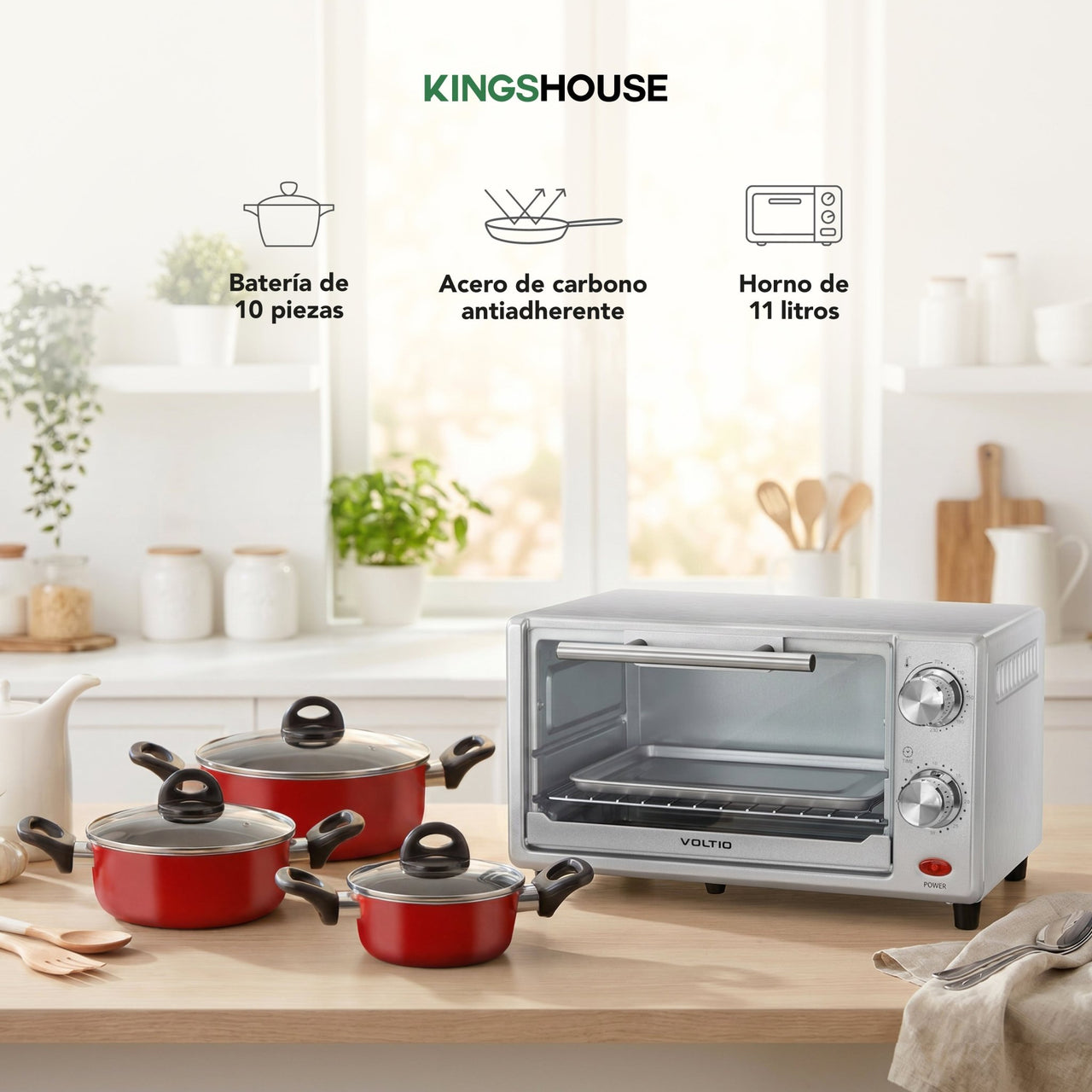 Combo de Batería de Cocina 10 Pzas + Horno Tostador 11L