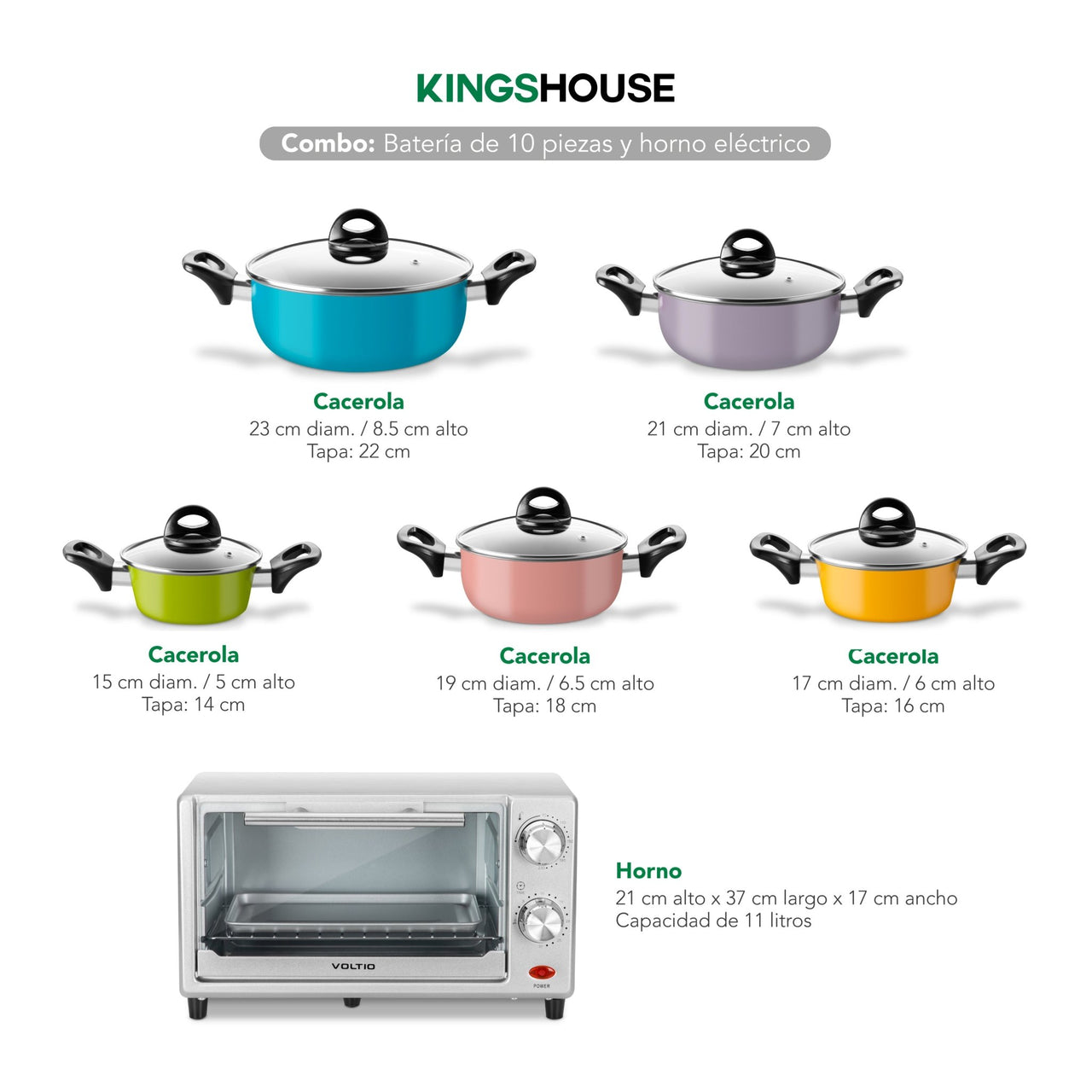 Combo de Batería de Cocina 10 Pzas + Horno Tostador 11L