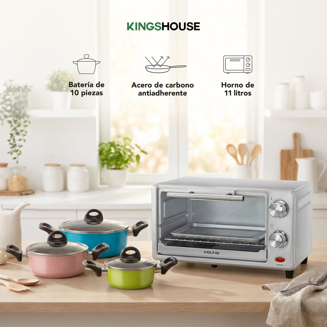 Combo de Batería de Cocina 10 Pzas + Horno Tostador 11L