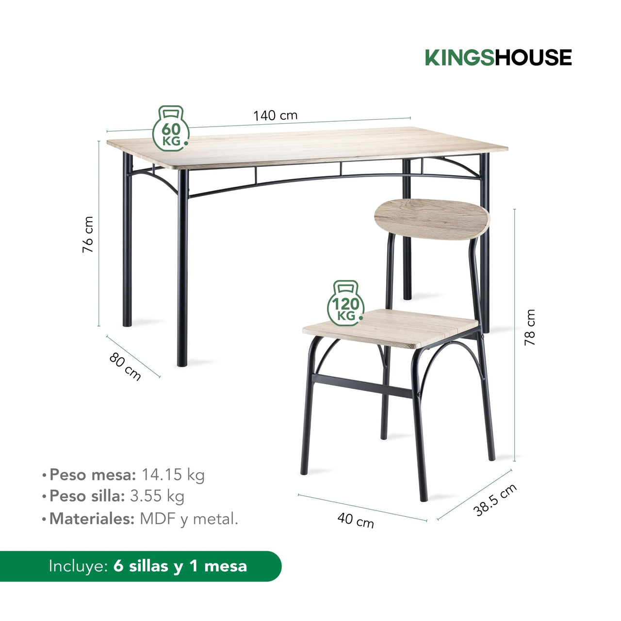 Comedor 6 Sillas y Mesa Rectangular Minimalista Madera Metal