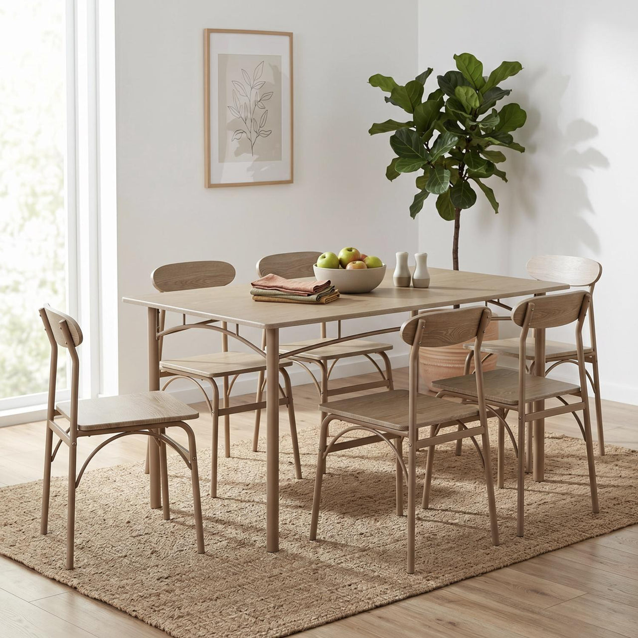 Comedor 6 Sillas y Mesa Rectangular Minimalista Madera Metal
