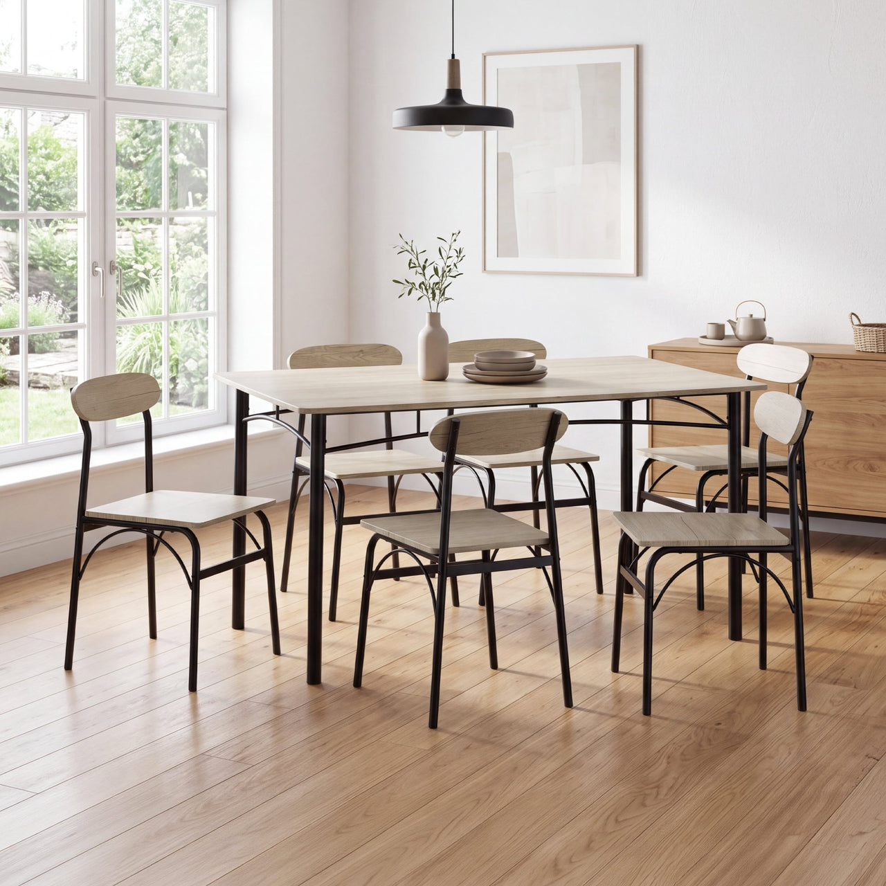 Comedor 6 Sillas y Mesa Rectangular Minimalista Madera Metal