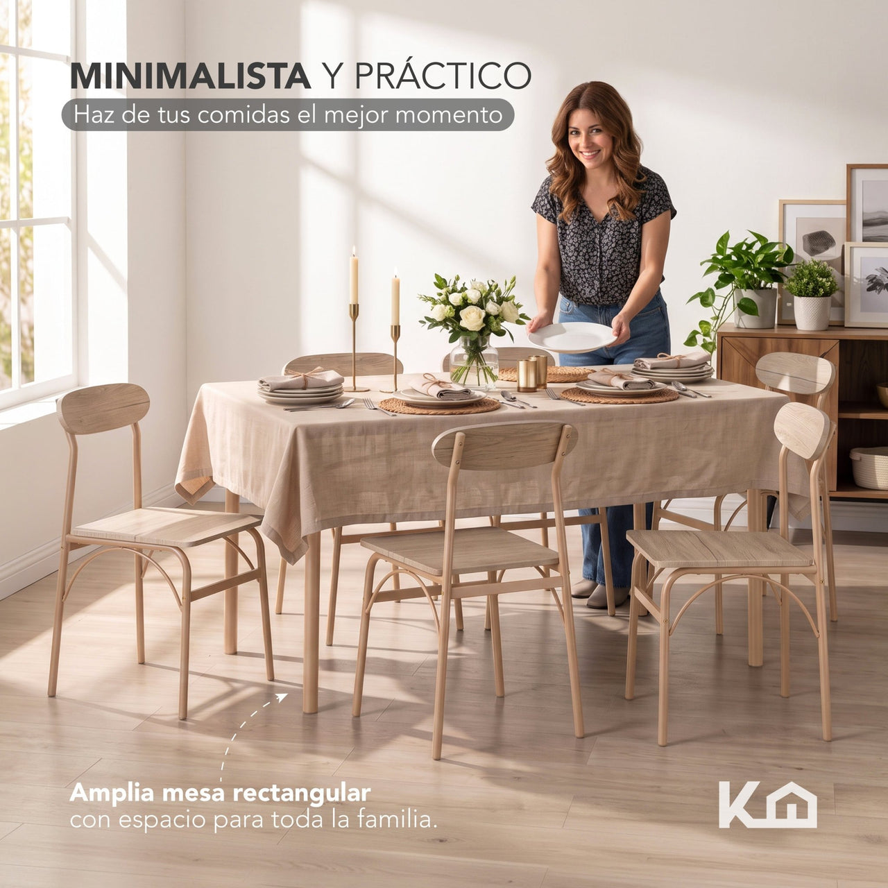 Comedor 6 Sillas y Mesa Rectangular Minimalista Madera Metal