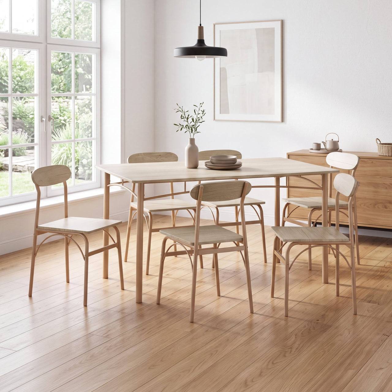 Comedor 6 Sillas y Mesa Rectangular Minimalista Madera Metal