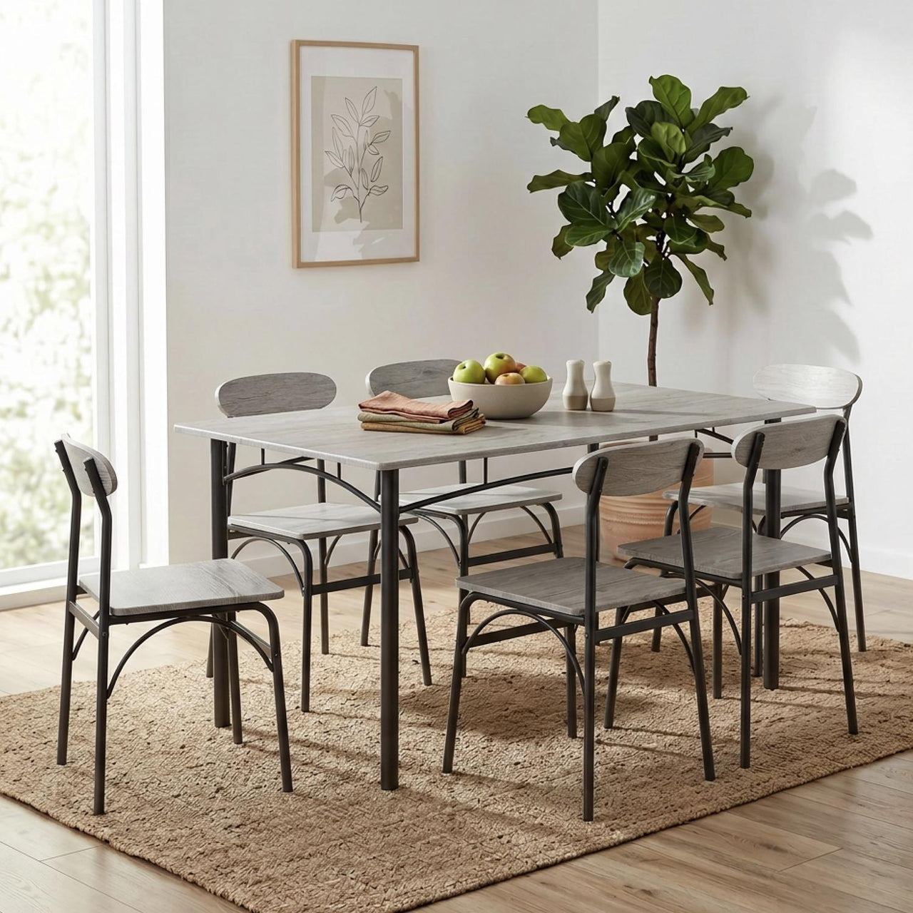 Comedor 6 Sillas y Mesa Rectangular Minimalista Madera Metal