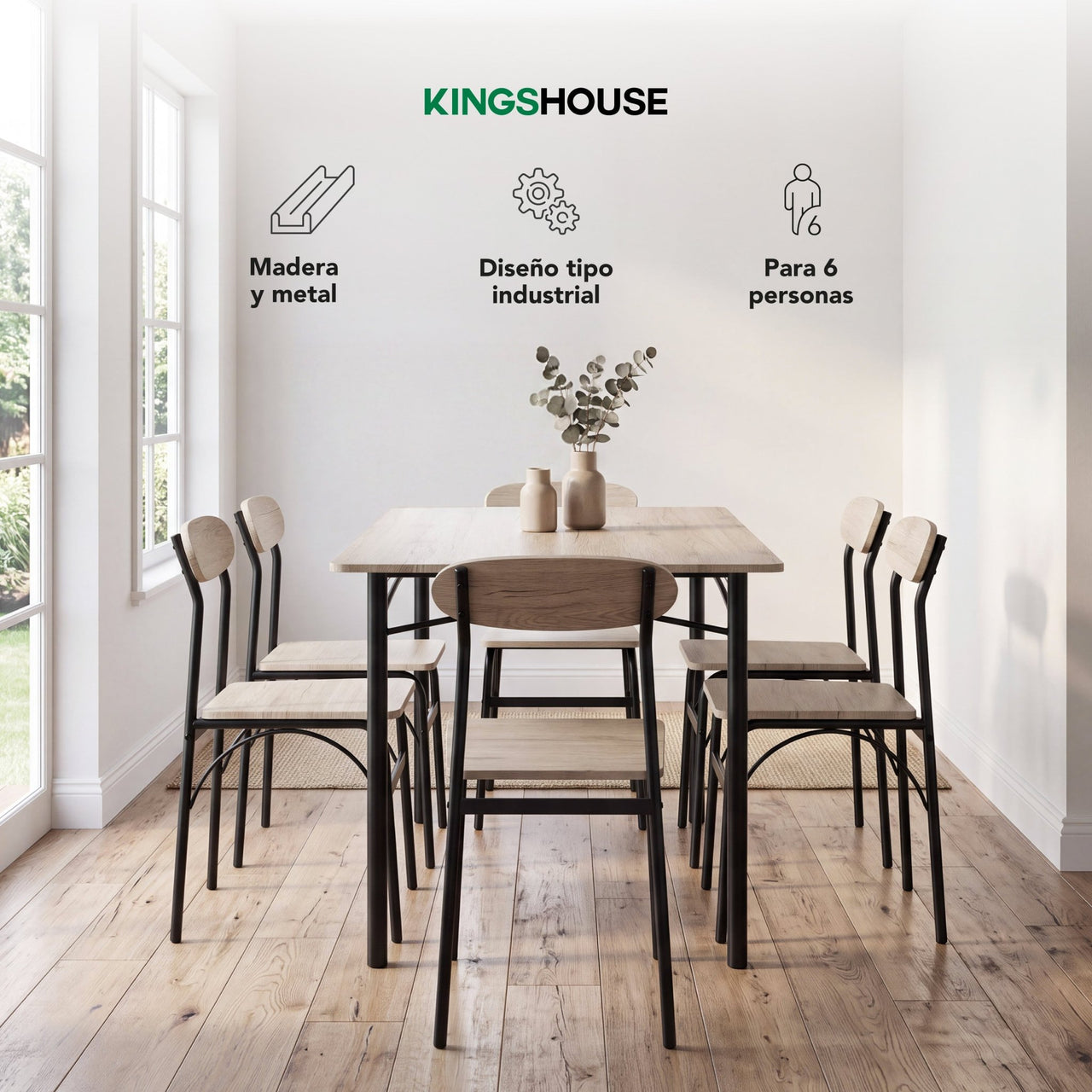 Comedor 6 Sillas y Mesa Rectangular Minimalista Madera Metal