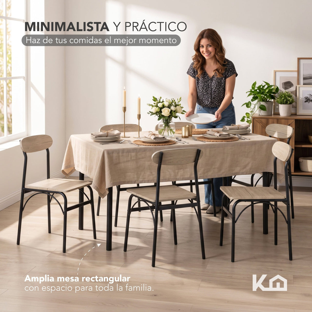 Comedor 6 Sillas y Mesa Rectangular Minimalista Madera Metal