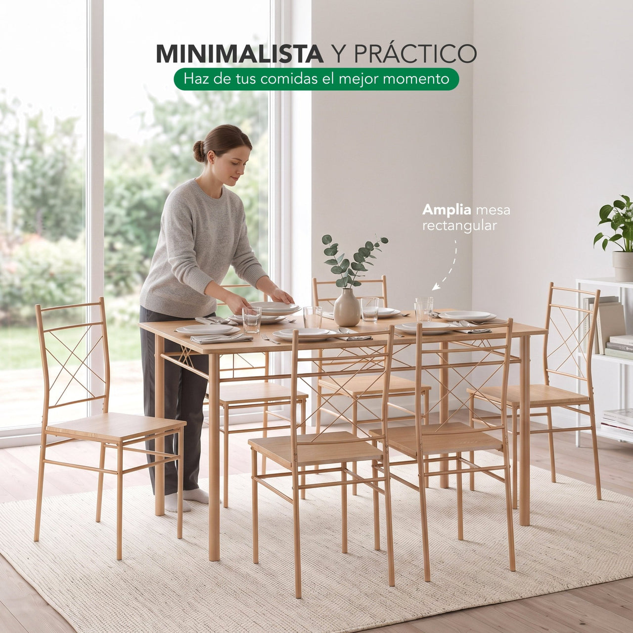 Comedor 6 Sillas y Mesa Rectangular Moderno Madera y Metal
