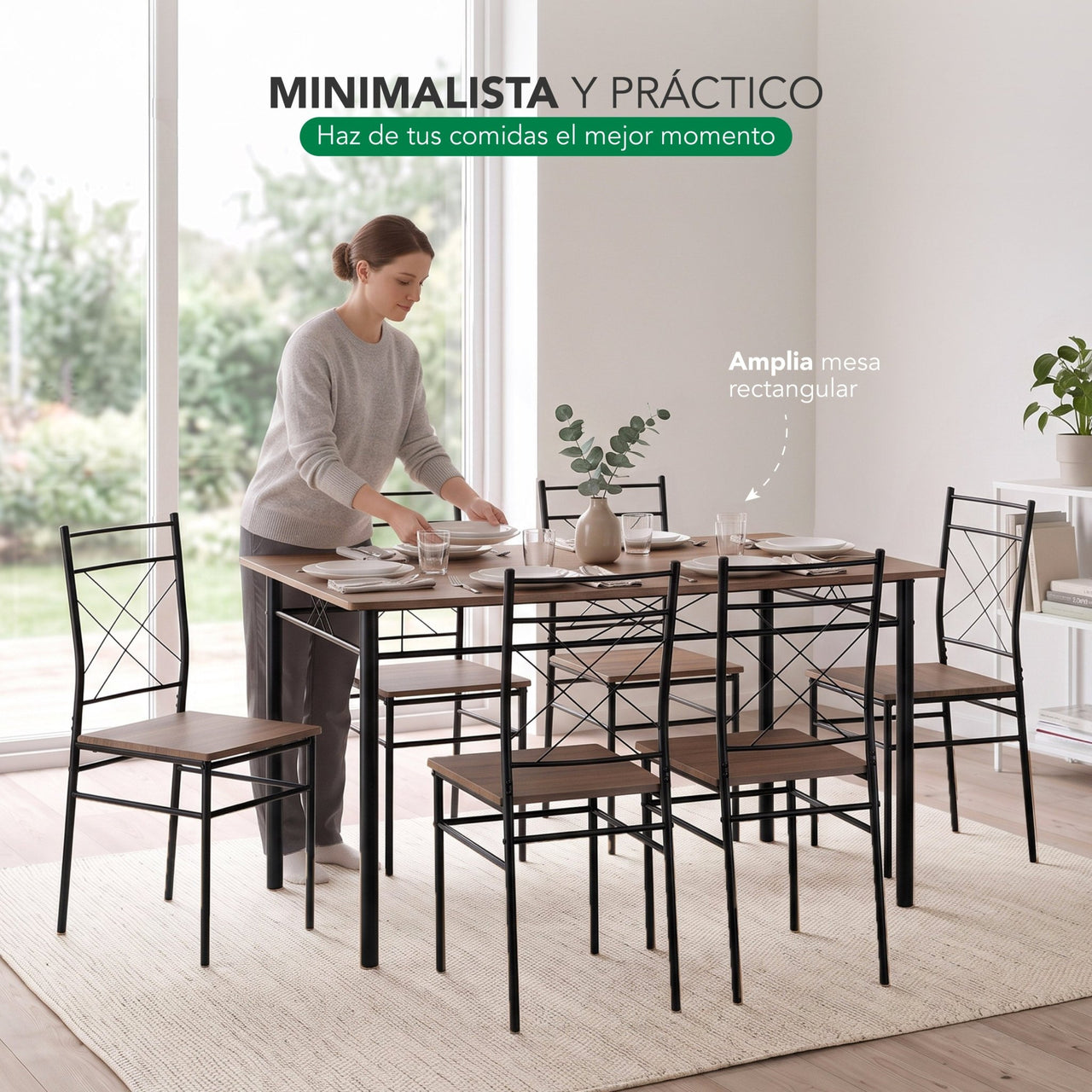 Comedor 6 Sillas y Mesa Rectangular Moderno Madera y Metal