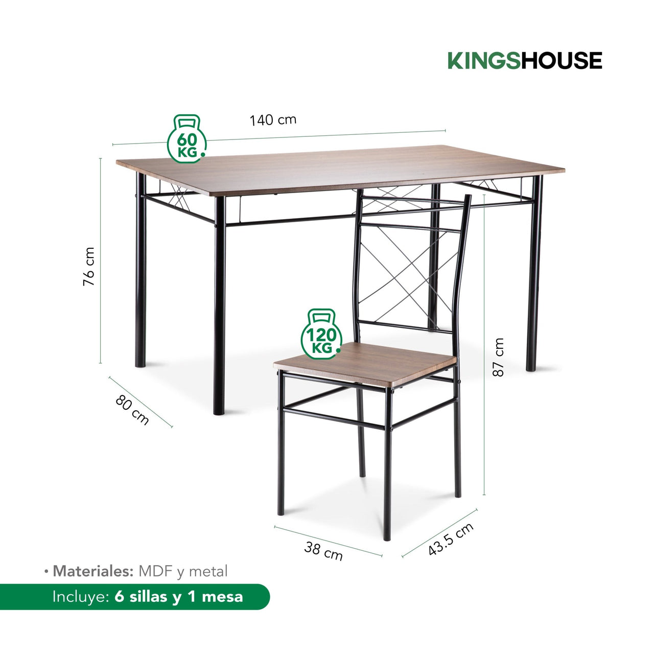 Comedor 6 Sillas y Mesa Rectangular Moderno Madera y Metal