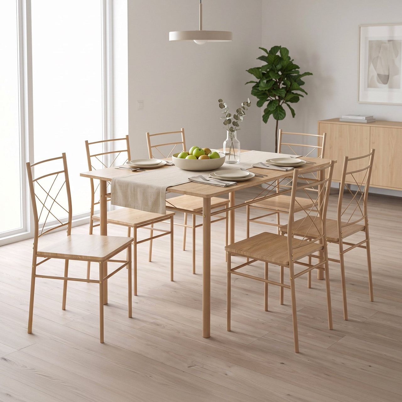 Comedor 6 Sillas y Mesa Rectangular Moderno Madera y Metal