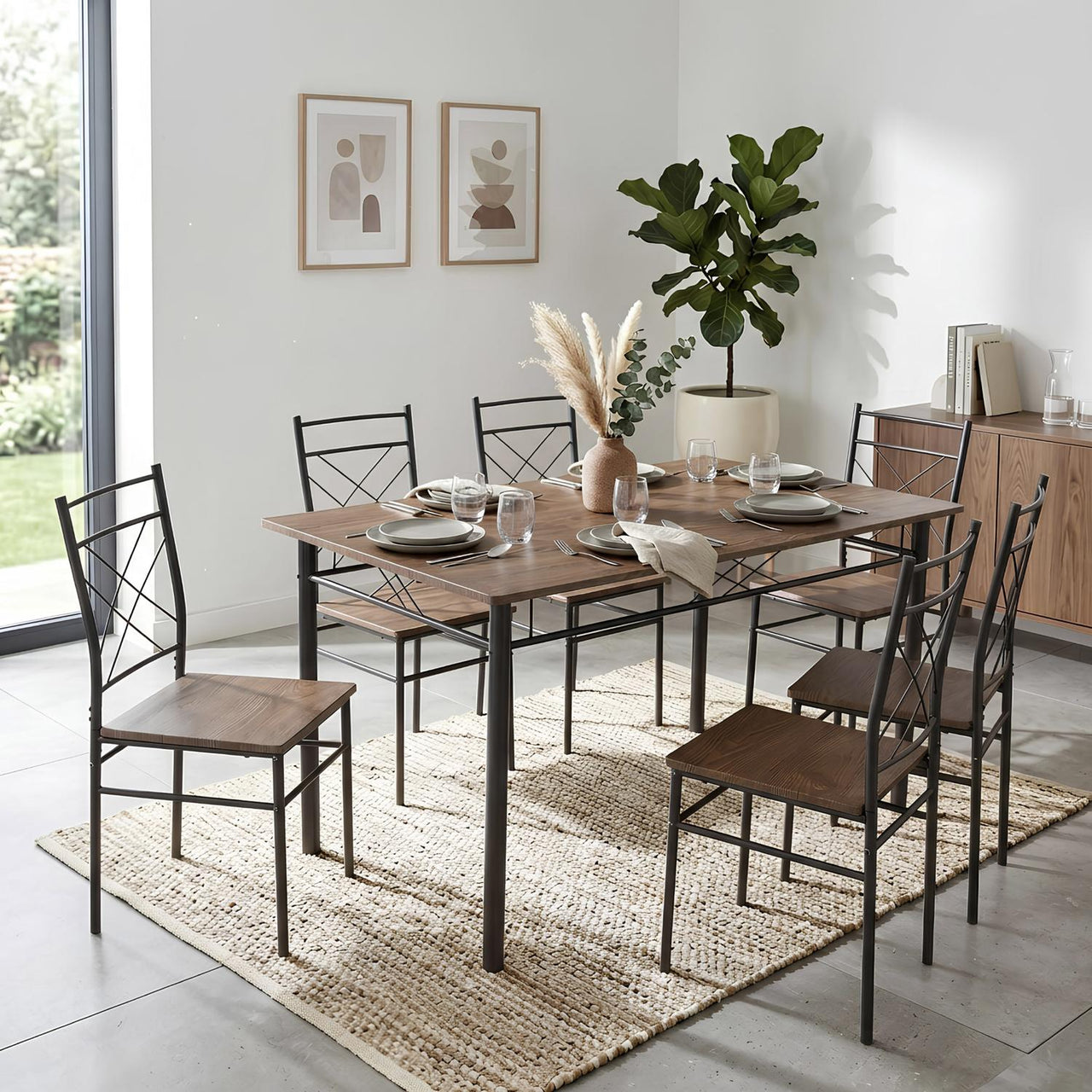 Comedor 6 Sillas y Mesa Rectangular Moderno Madera y Metal