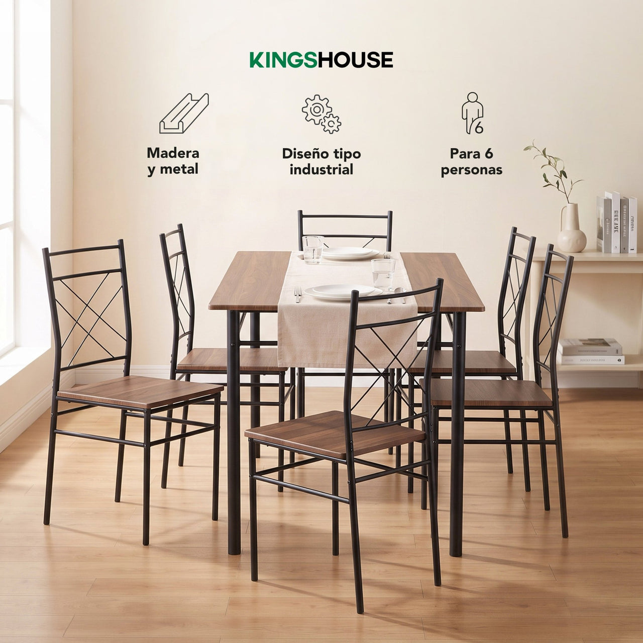 Comedor 6 Sillas y Mesa Rectangular Moderno Madera y Metal