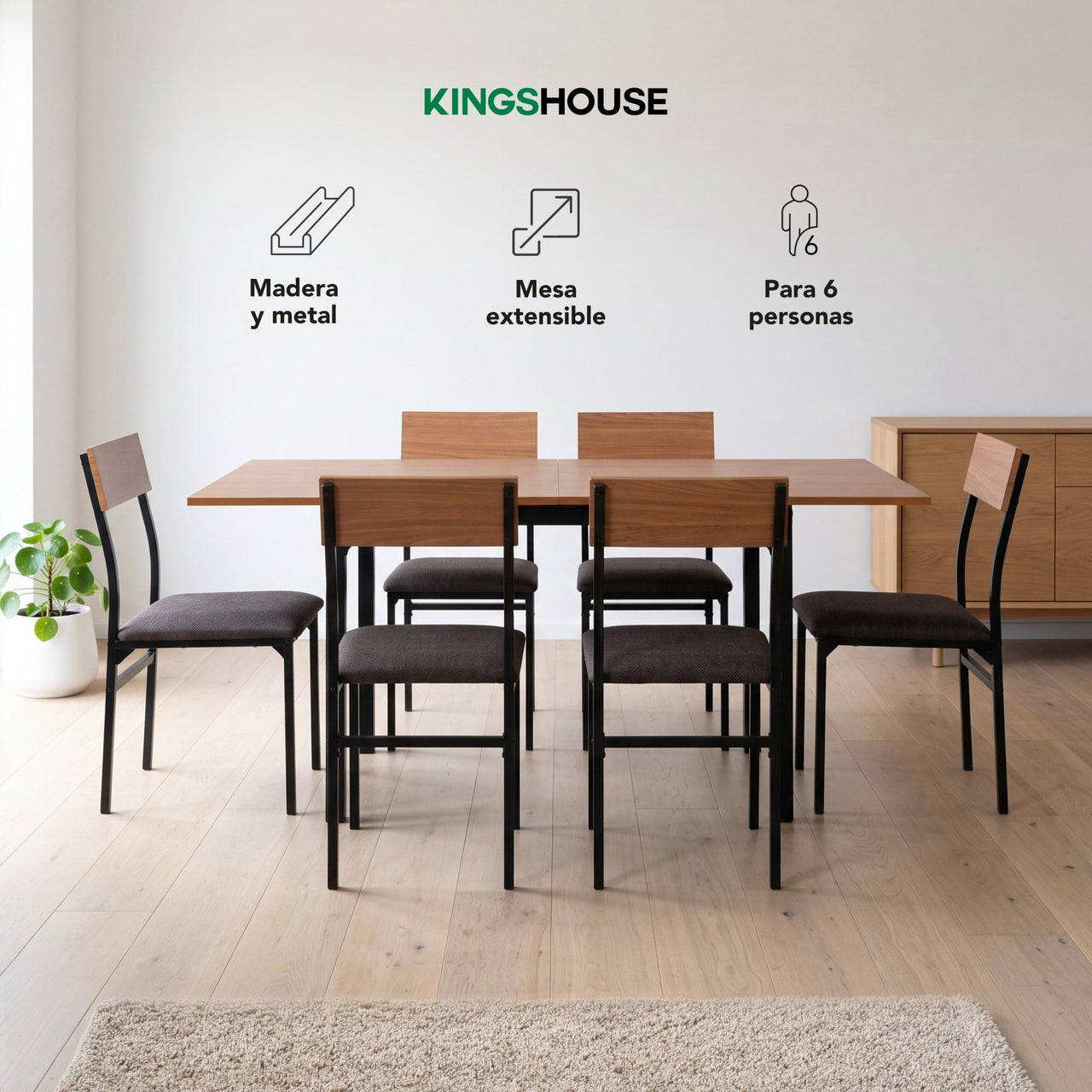 Comedor Mesa Extensible Rectangular 6 Sillas Madera Moderno